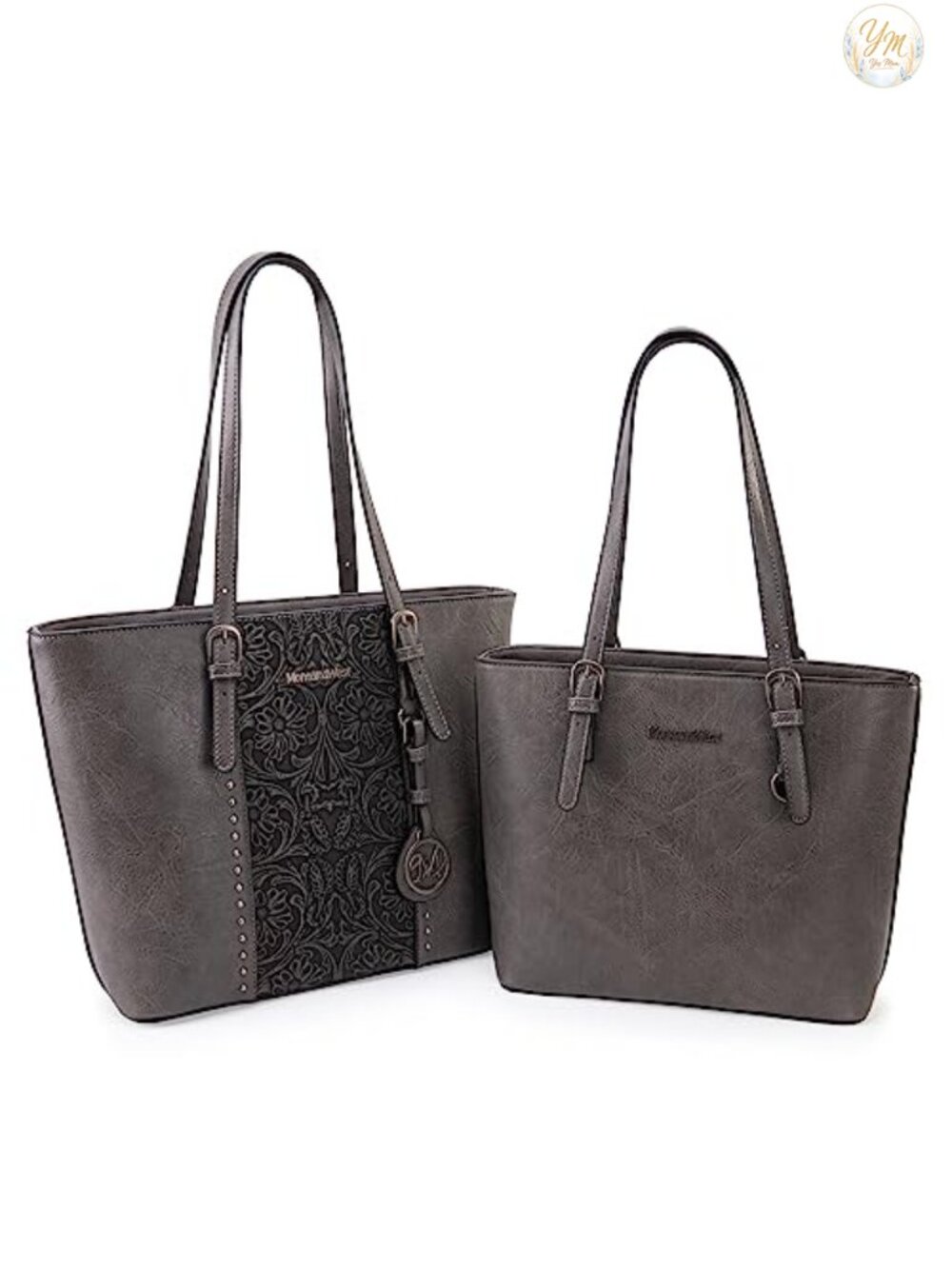 Vegan Leather Tote Set with Silver Hardware Fits Laptop 2 Piece